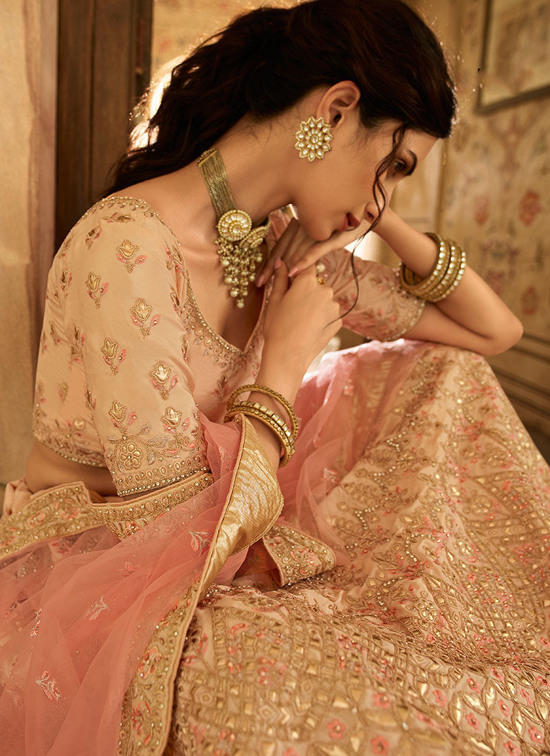 Soft Peach Golden Embroidered Wedding Lehenga Choli