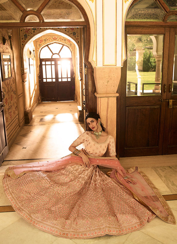 Soft Peach Golden Embroidered Wedding Lehenga Choli