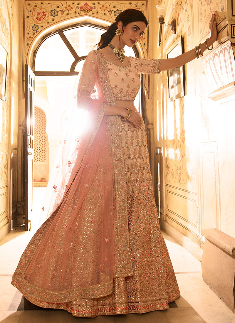 Soft Peach Golden Embroidered Wedding Lehenga Choli