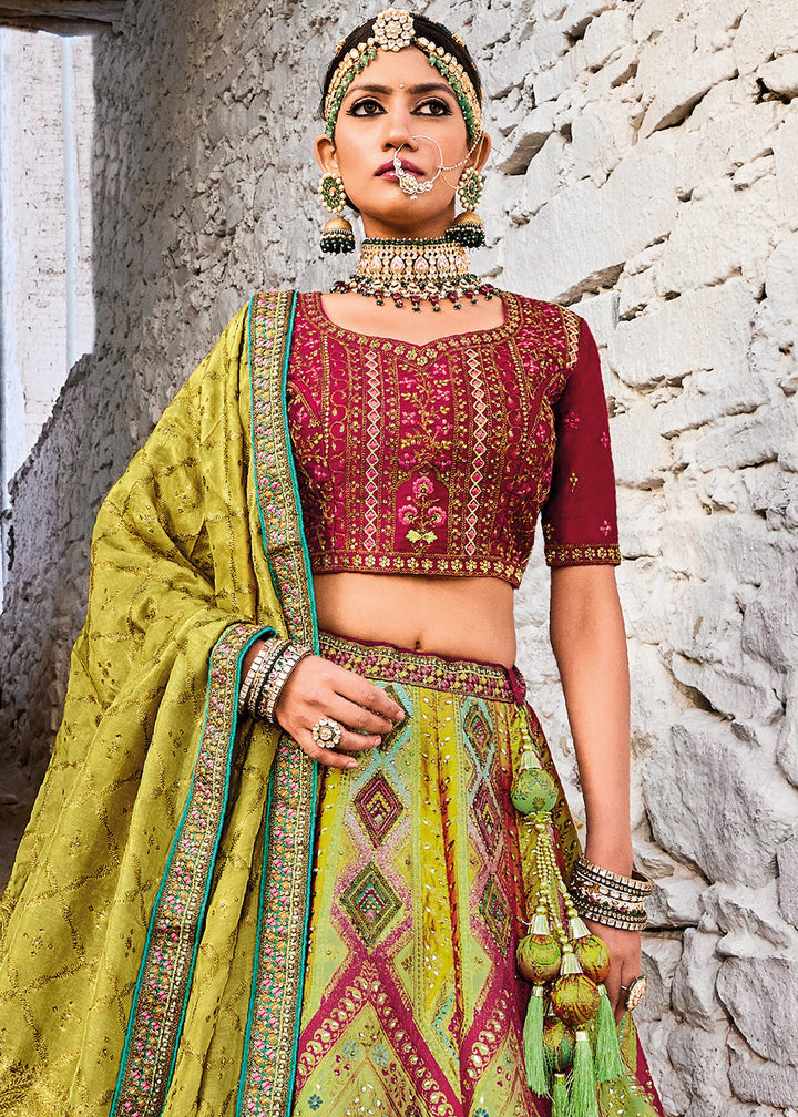 Shades Of Green Banarasi Jacquard Silk Lehenga with Cut Work & Hand Work Embroidery