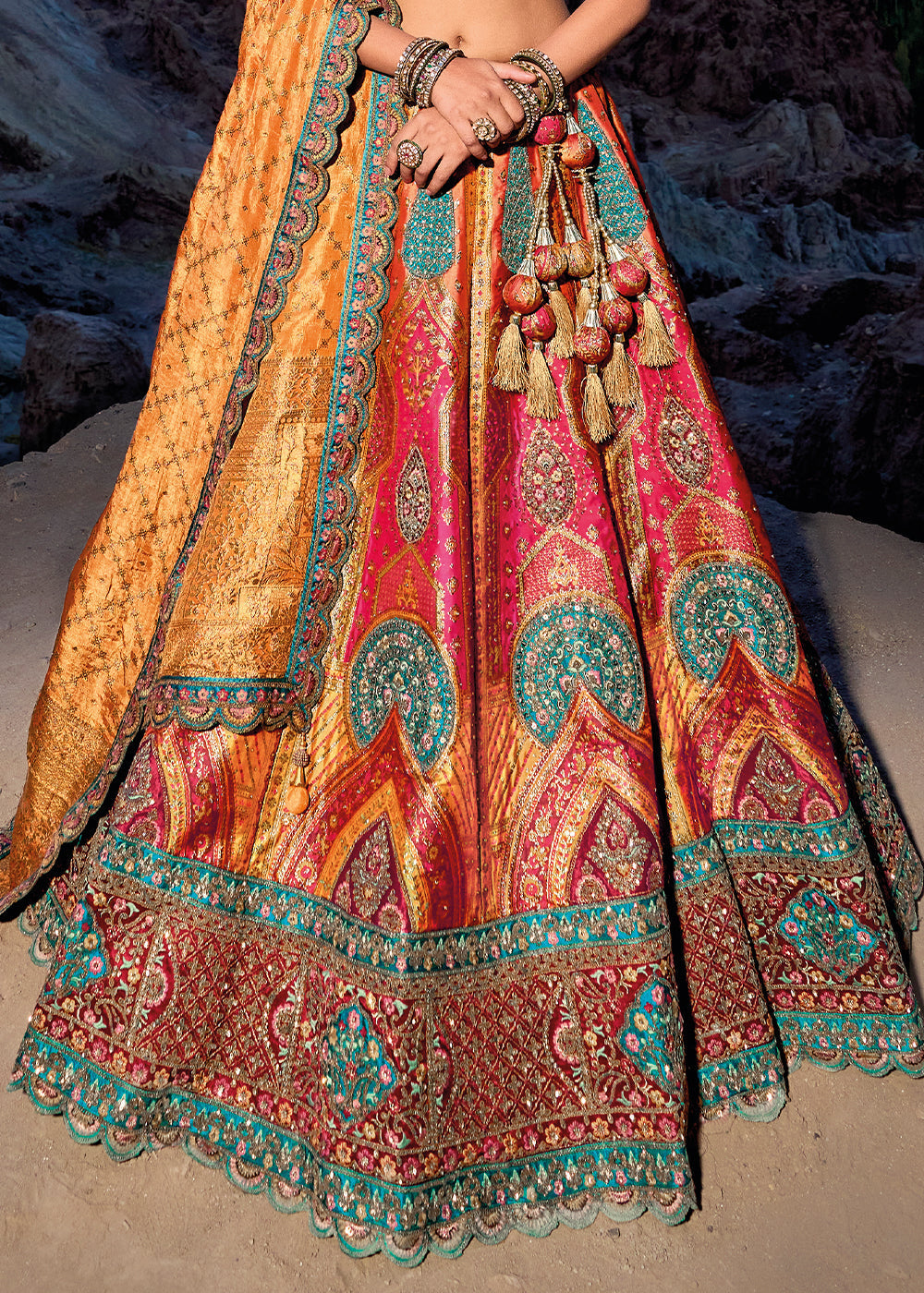 Orange & Red Banarasi Jacquard Silk Lehenga with Cut Work & Hand Work Embroidery