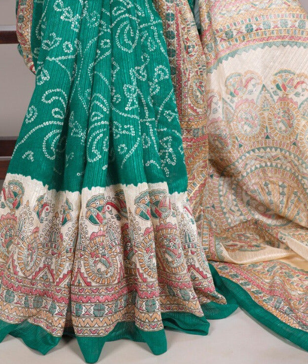 Green Silk Fusion Print Of Madhubani And Bandhej Green Color