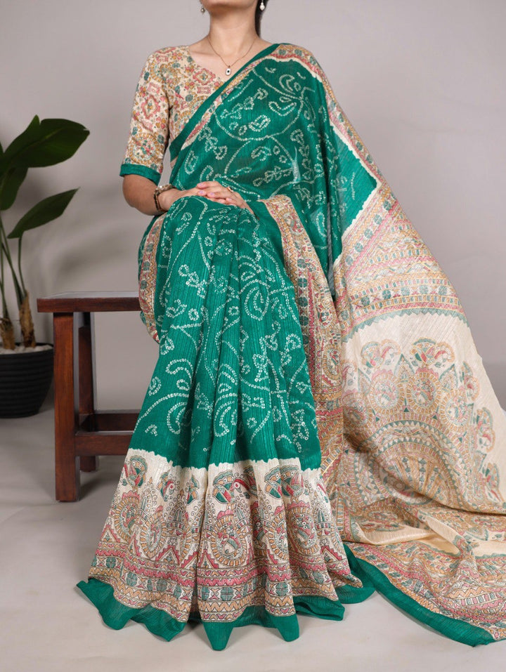 Green Silk Fusion Print Of Madhubani And Bandhej Green Color