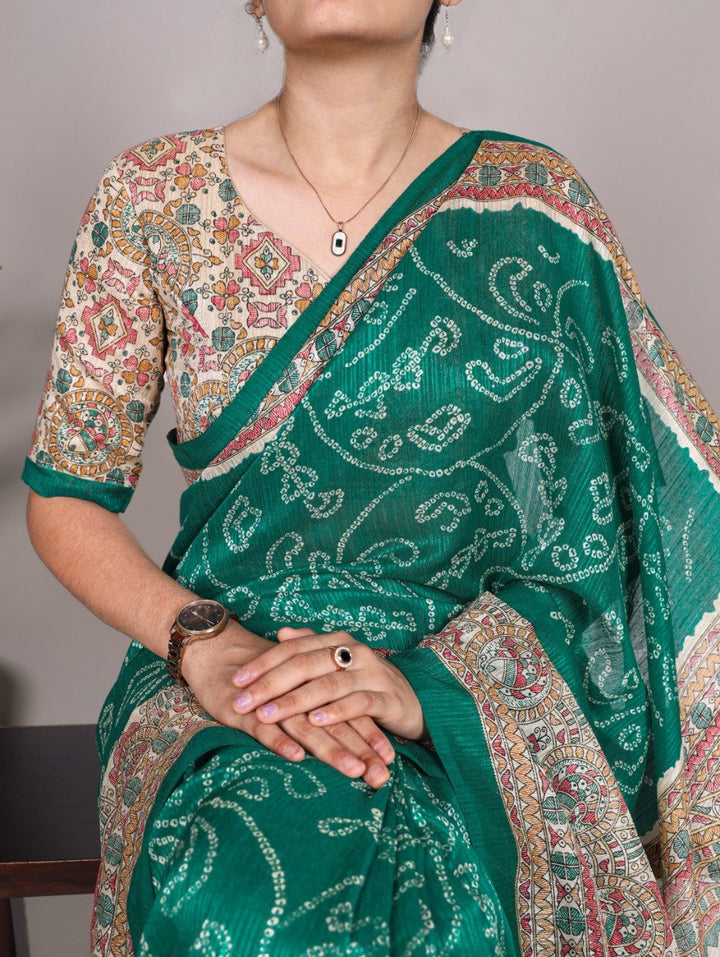 Green Silk Fusion Print Of Madhubani And Bandhej Green Color