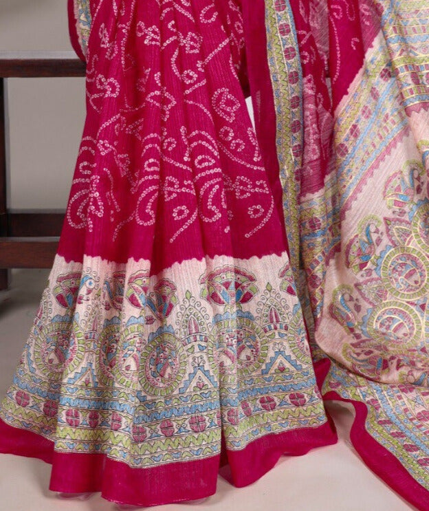 Green Silk Fusion Print Of Madhubani And Bandhej Pink Color