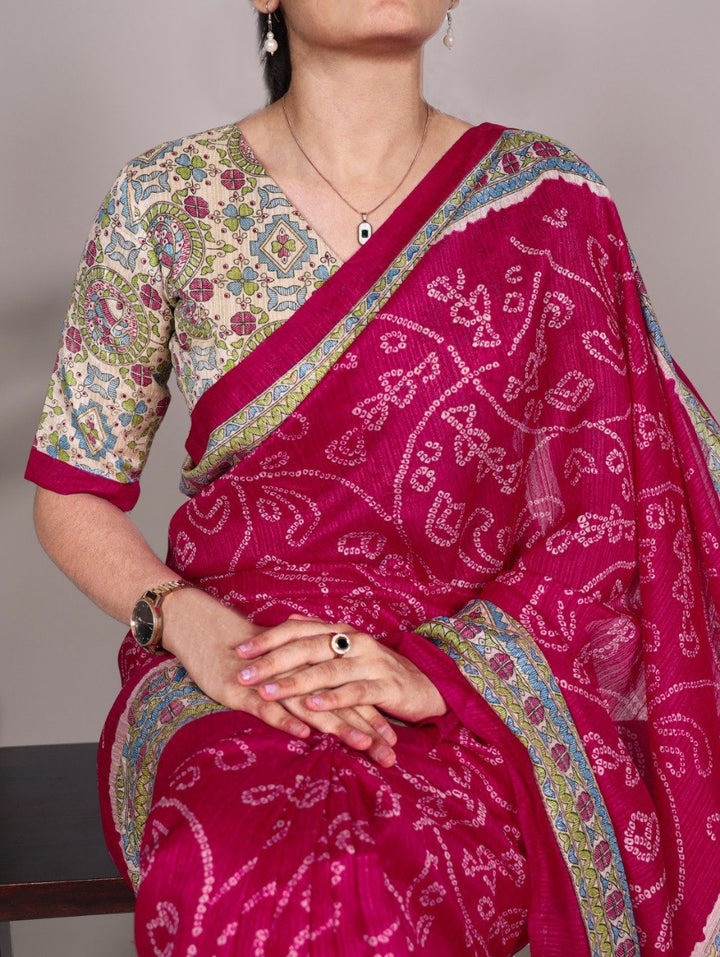 Green Silk Fusion Print Of Madhubani And Bandhej Pink Color