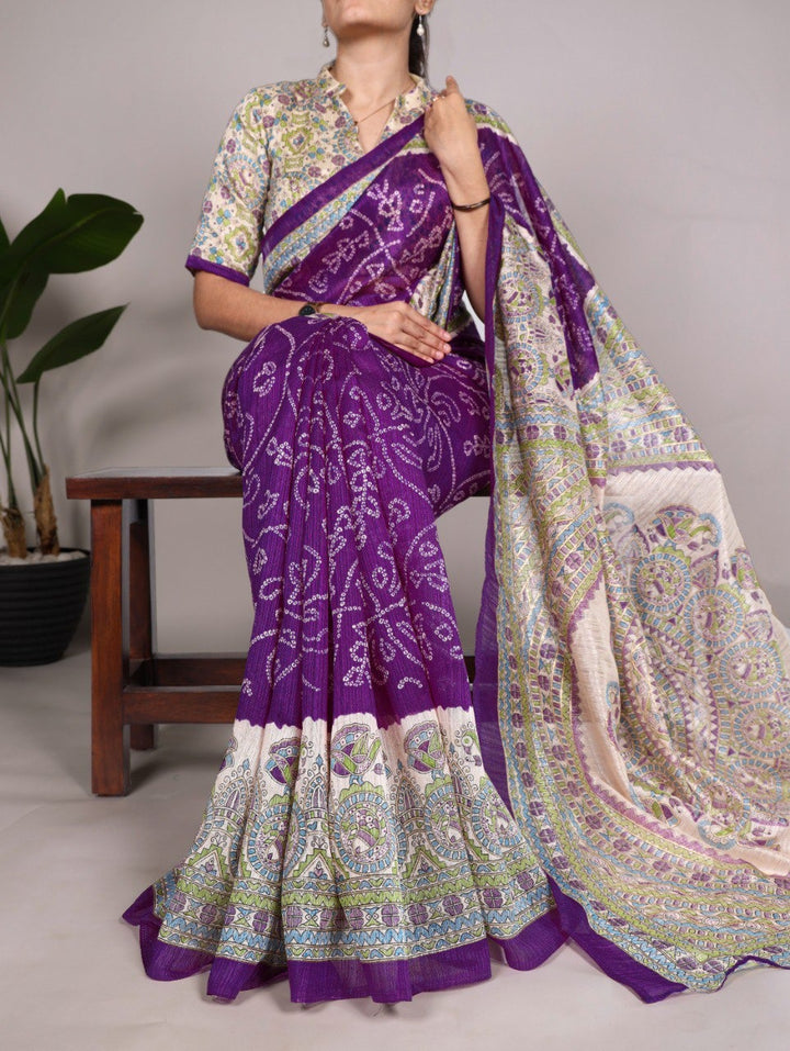 Green Silk Fusion Print Of Madhubani And Bandhej Purple Color