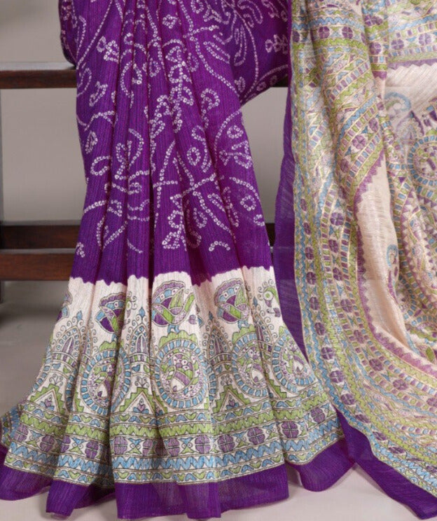 Green Silk Fusion Print Of Madhubani And Bandhej Purple Color