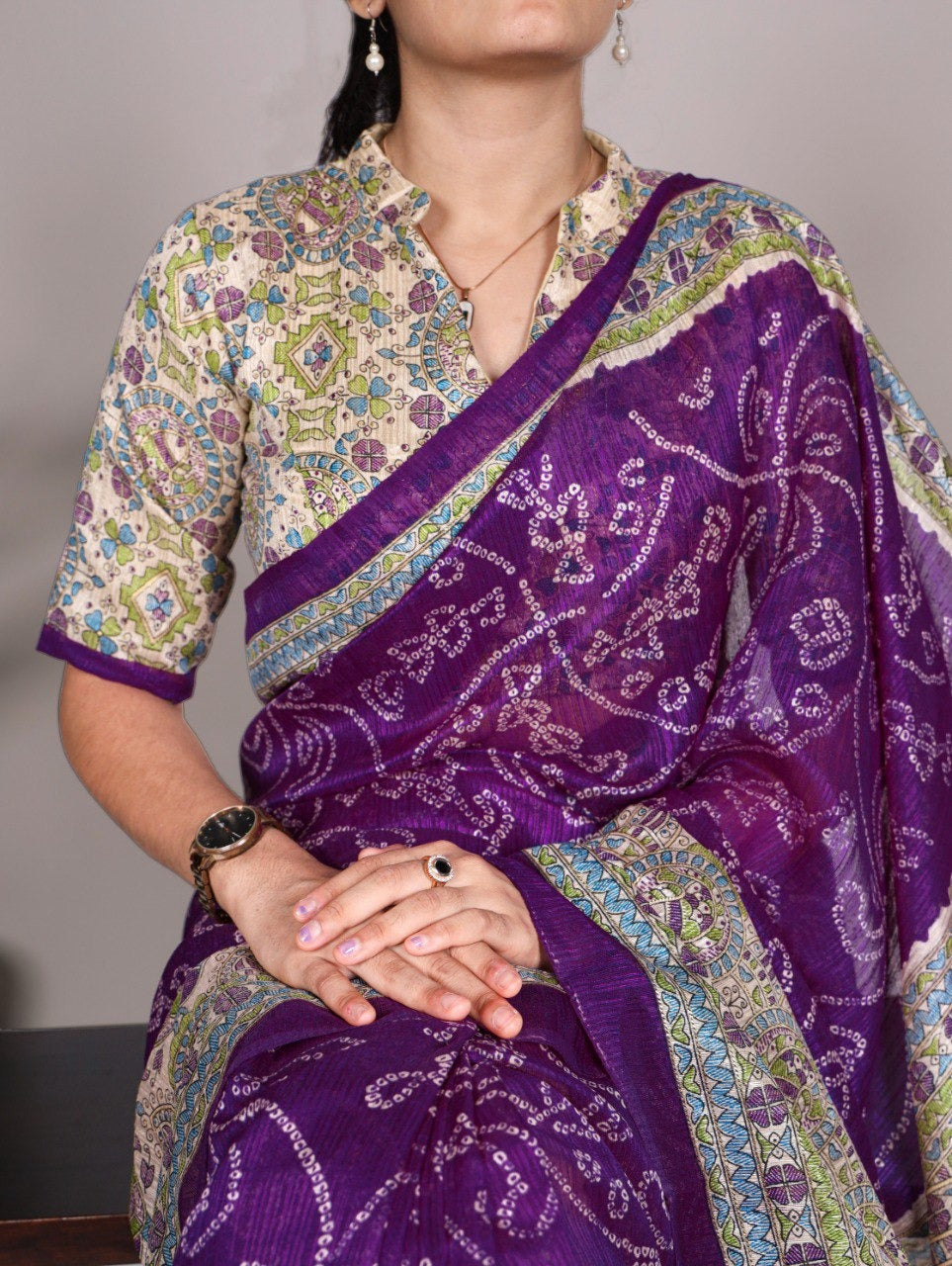 Green Silk Fusion Print Of Madhubani And Bandhej Purple Color