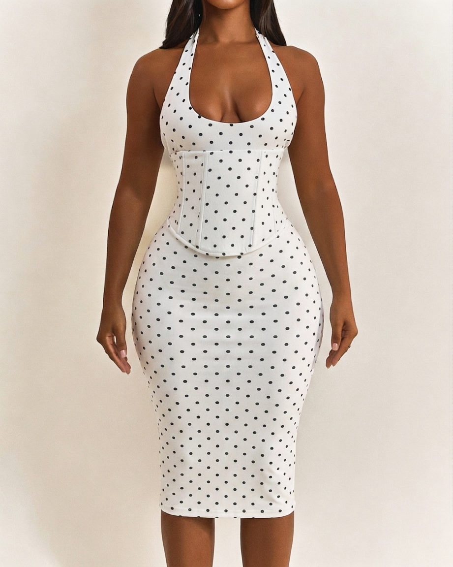 Polka Dot Corset Halter Midi Dress with Lace-Up Back  - By Qivii