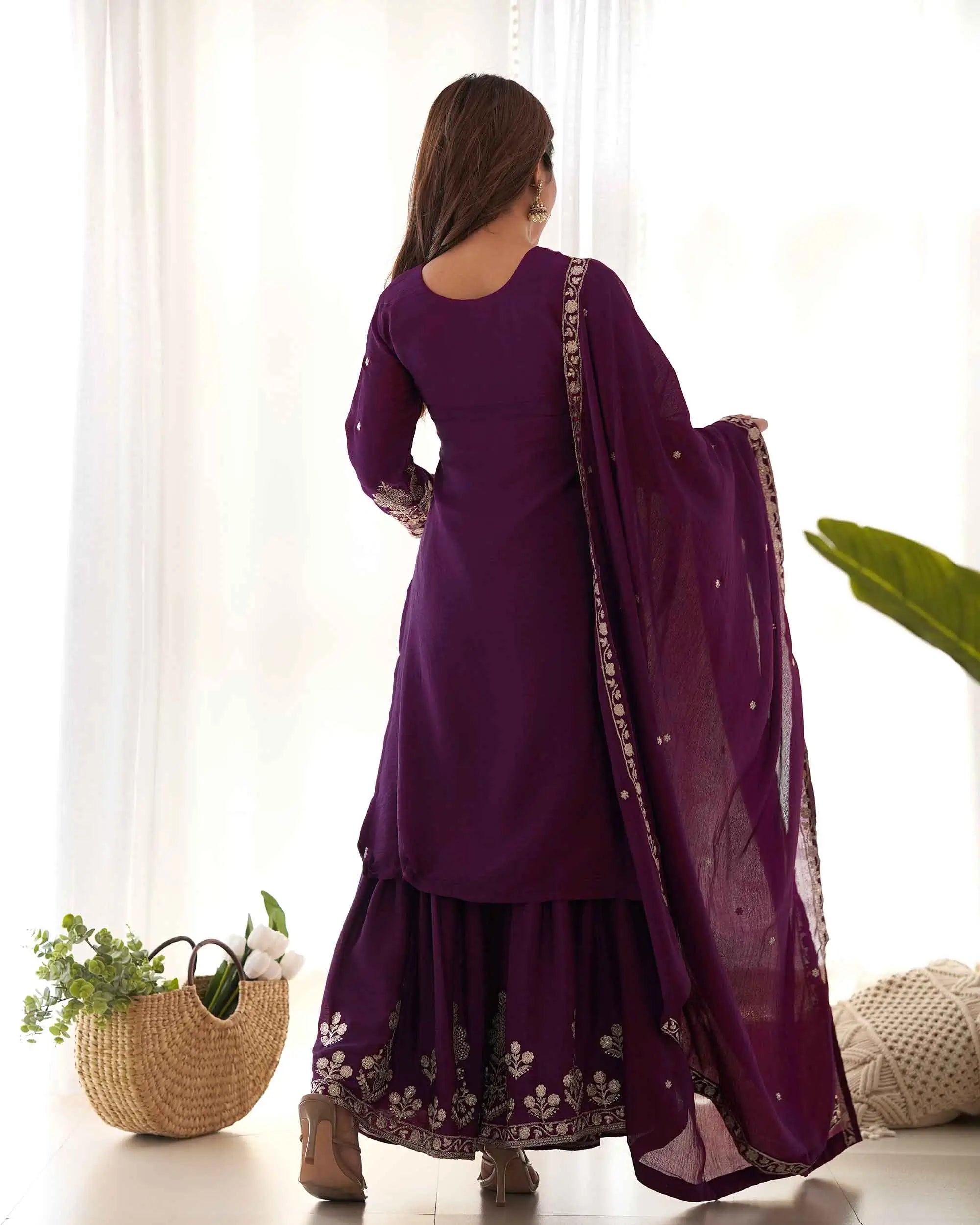 Wine Zari Embroidery Work Sharara Set
