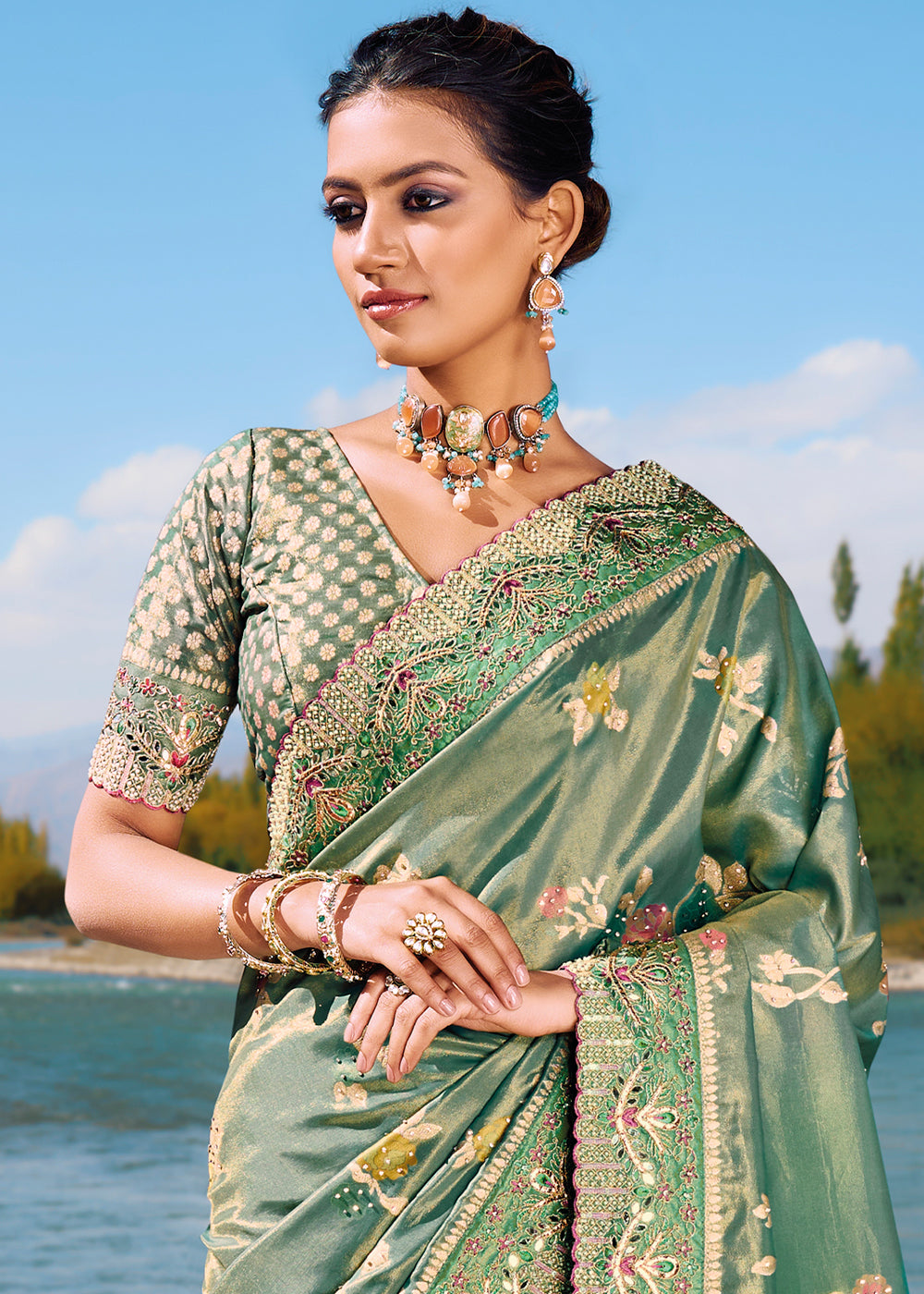 Shades Of Green Zari Woven Banarasi Silk Saree with Mirror,Moti & Cut Dana work: Top Pick