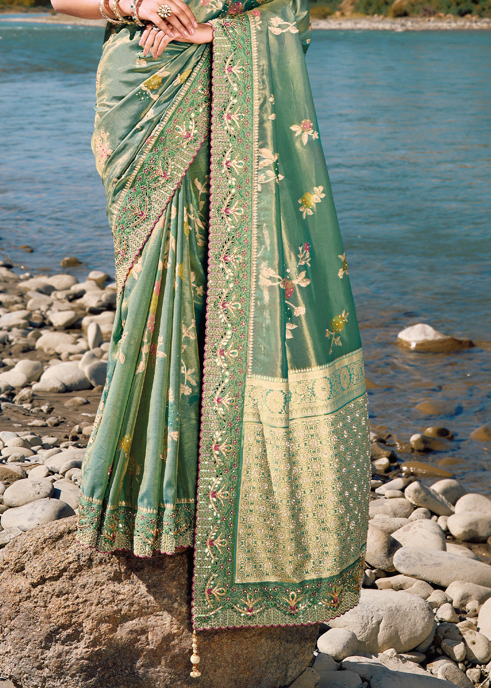 Shades Of Green Zari Woven Banarasi Silk Saree with Mirror,Moti & Cut Dana work: Top Pick