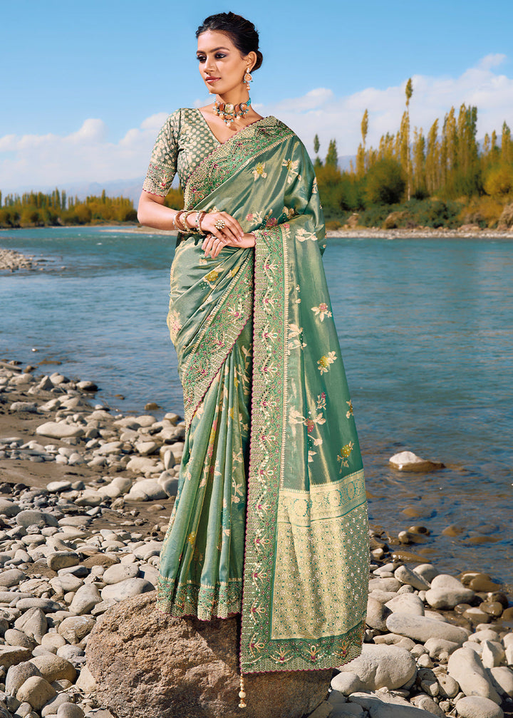 Shades Of Green Zari Woven Banarasi Silk Saree with Mirror,Moti & Cut Dana work: Top Pick