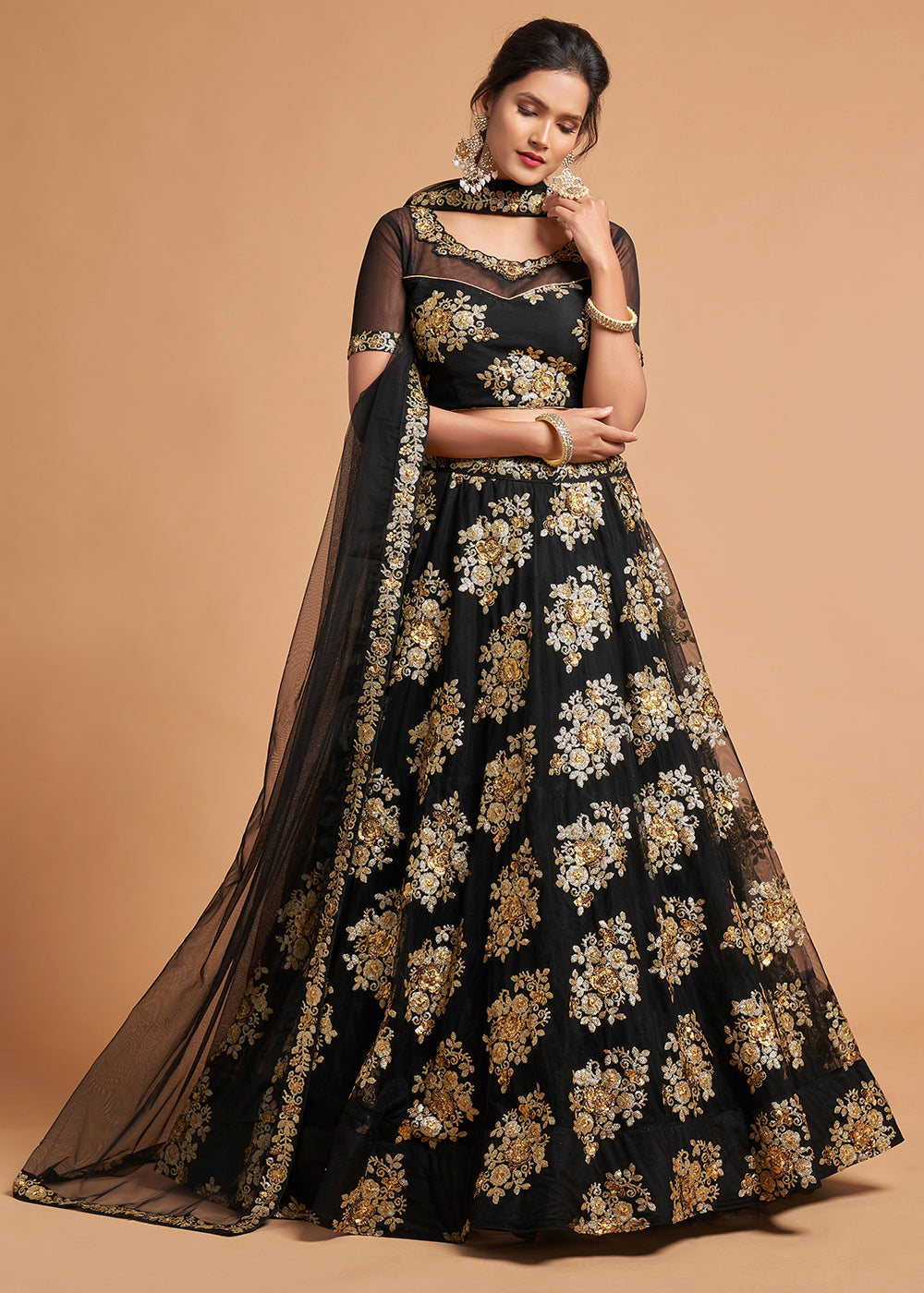 Onyx Black Designer Soft Net Lehenga Choli with Zari & Sequins work | Ready To Wear - qivii