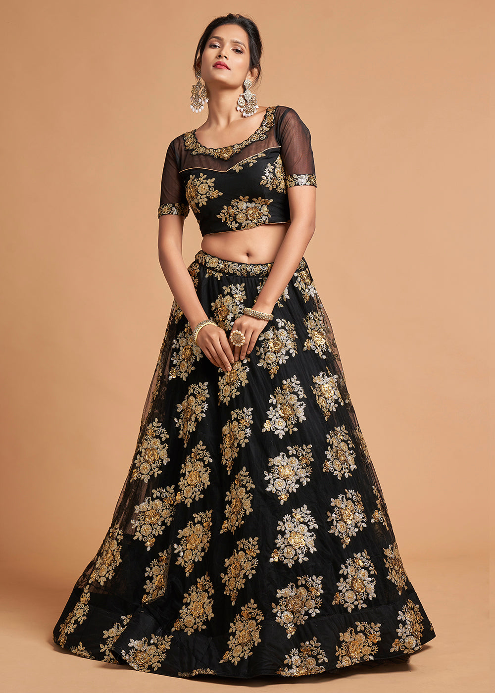 Onyx Black Designer Soft Net Lehenga Choli with Zari & Sequins work | Ready To Wear - qivii