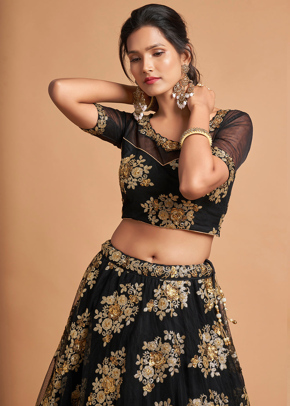 Onyx Black Designer Soft Net Lehenga Choli with Zari & Sequins work | Ready To Wear - qivii