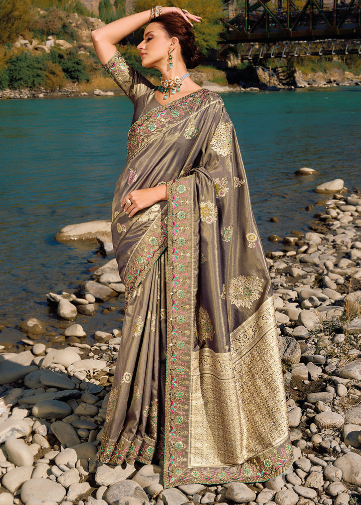 Mink Grey Zari Woven Banarasi Silk Saree with Mirror,Moti & Cut Dana work: Top Pick