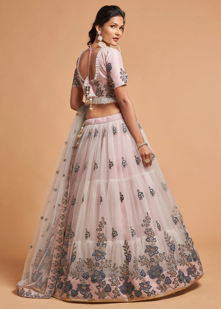 Pinkish Grey Designer Soft Net Lehenga Choli with intricate Thread, Dori, Zari & Sequins work, a top pick for elegant occasions and special events