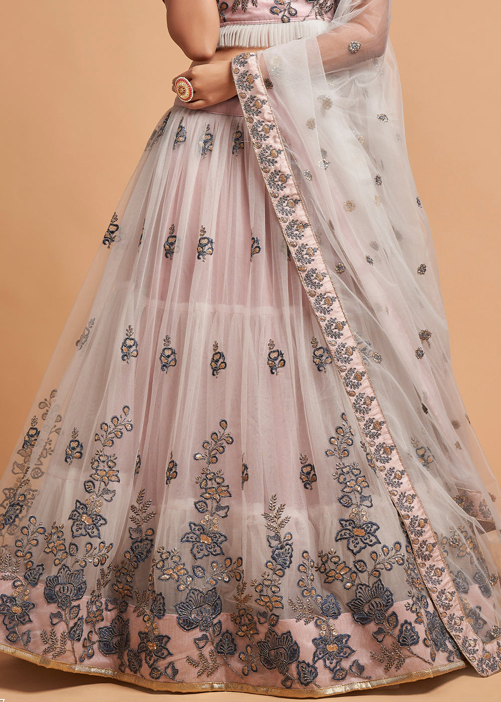 Pinkish Grey Designer Soft Net Lehenga Choli with Thread, Dori, Zari & Sequins work | Ready To Wear - qivii