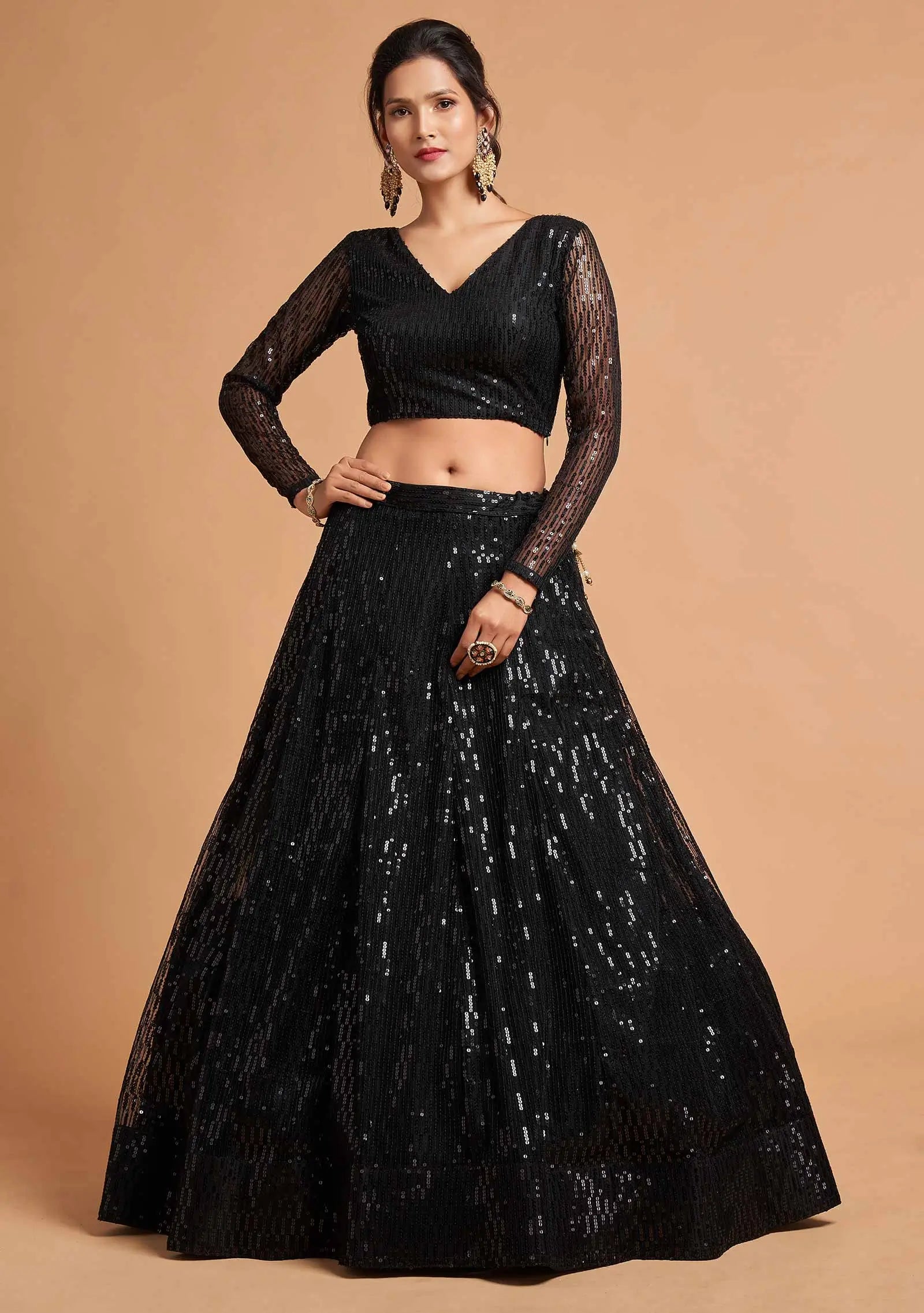 Black Soft Net Lehenga Choli With Thread And Multiple Sequins Embroidery Work