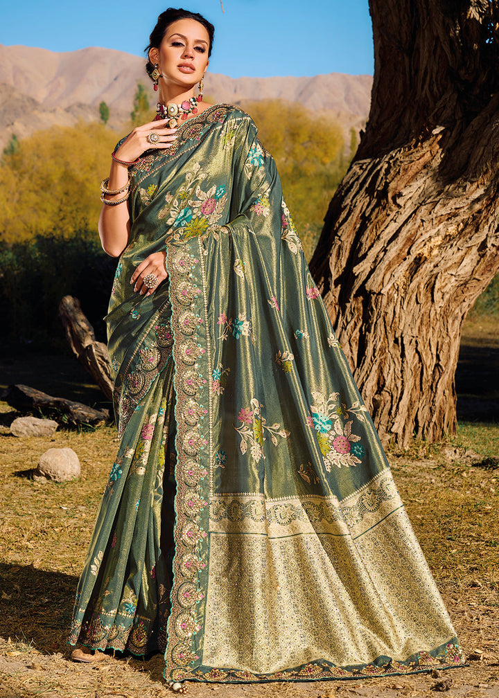 Hunter Green Zari Woven Banarasi Silk Saree with Mirror,Moti & Cut Dana work: Top Pick