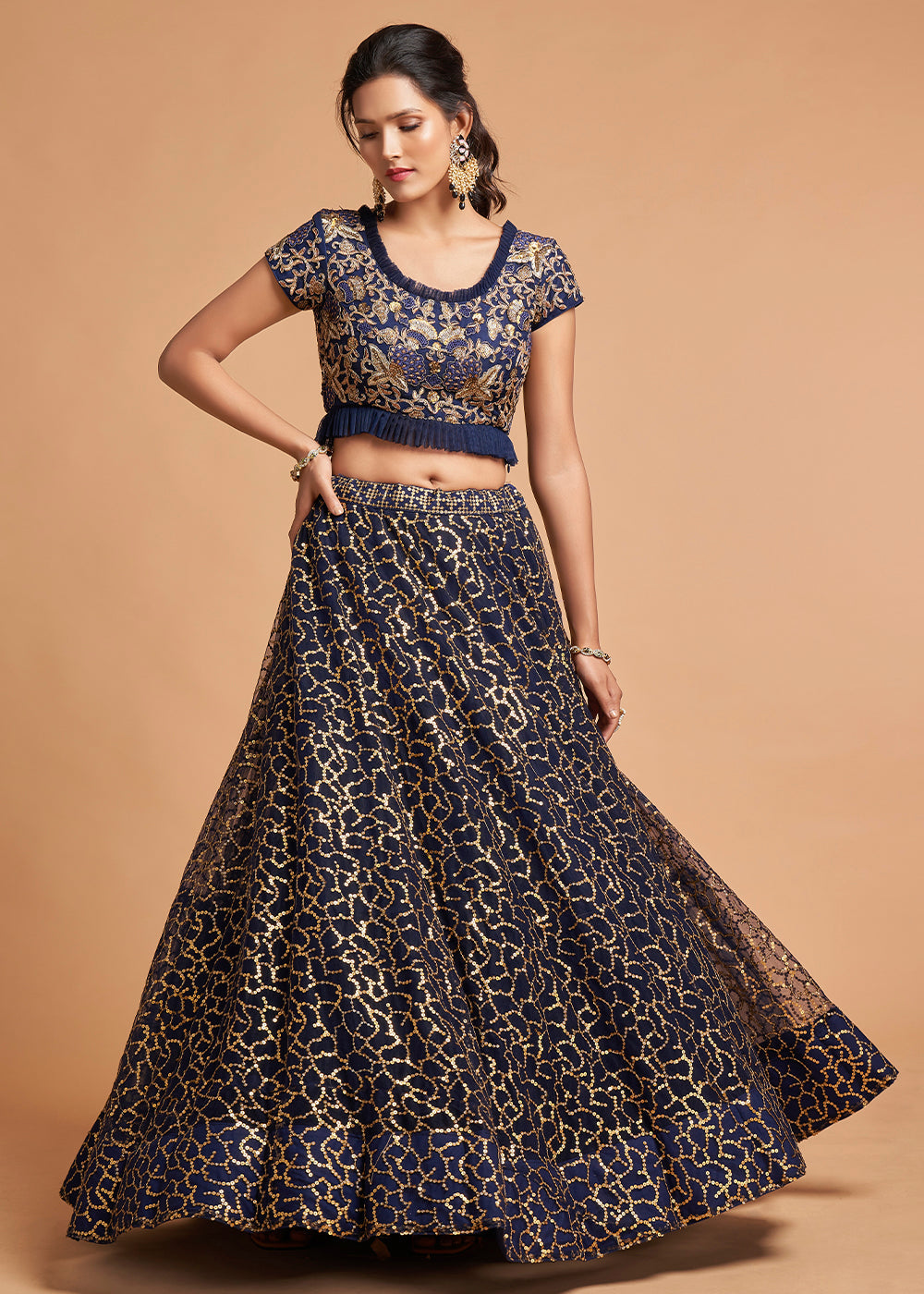 Navy Blue Designer Soft Net Lehenga Choli with Zari, Dori & Thread Embroidery work | Ready To Wear - qivii