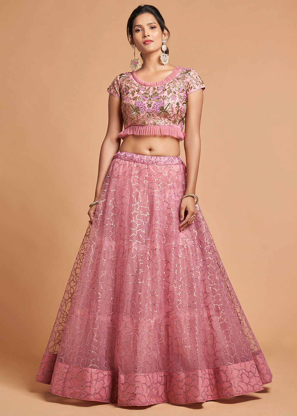 Flamingo Pink Designer Soft Net Lehenga Choli with Zari, Dori & Thread Embroidery work | Ready To Wear - qivii