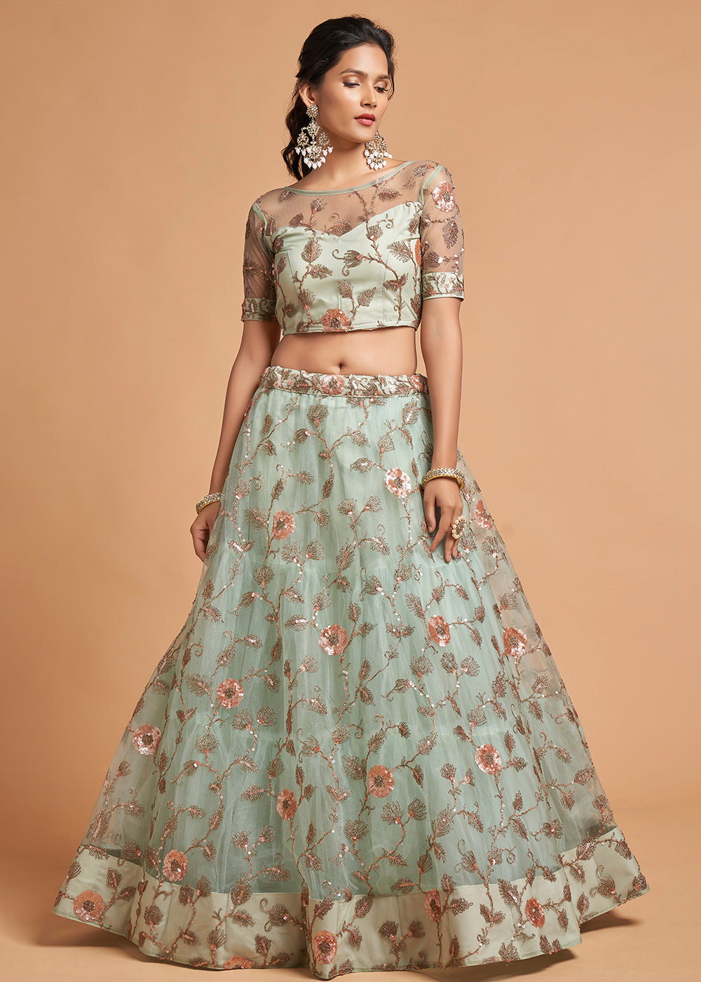 Sky Blue Designer Soft Net Lehenga Choli with Zari, Dori & Multiple Sequins Embroidery work | Ready To Wear - qivii