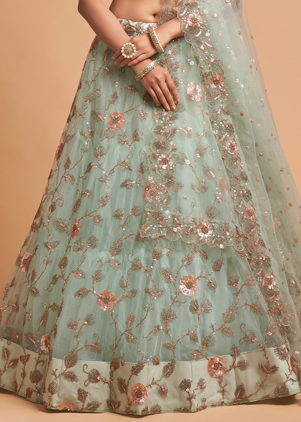 Sky Blue Designer Soft Net Lehenga Choli with Zari, Dori & Multiple Sequins Embroidery work | Ready To Wear - qivii