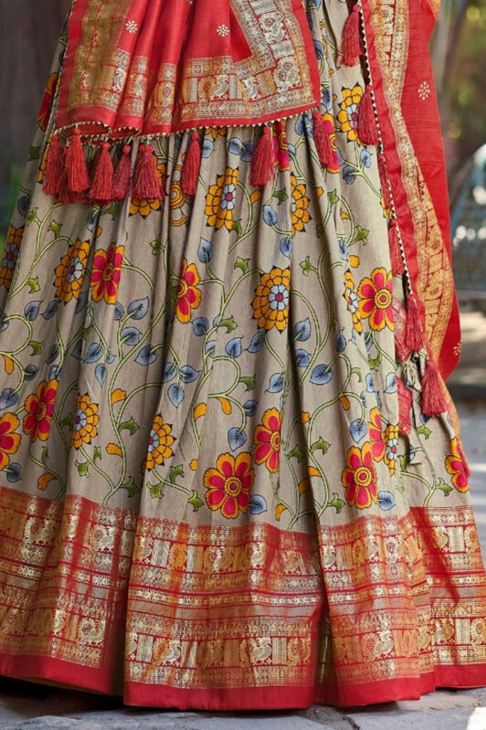 Traditional yet contemporary gray lehenga choli with intricate Kalamkari Tussar Silk design