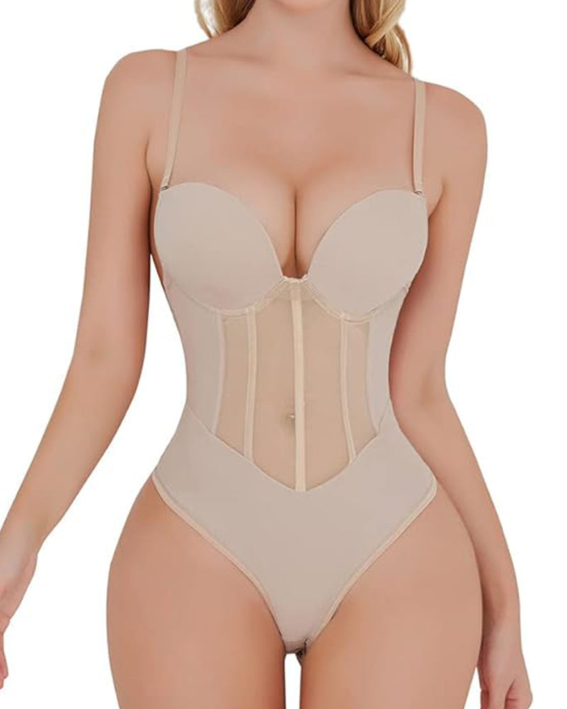 Sexy Mesh Shapewear Corset Backless Thong Bodysuit With Built-in Bra  - By Qivii
