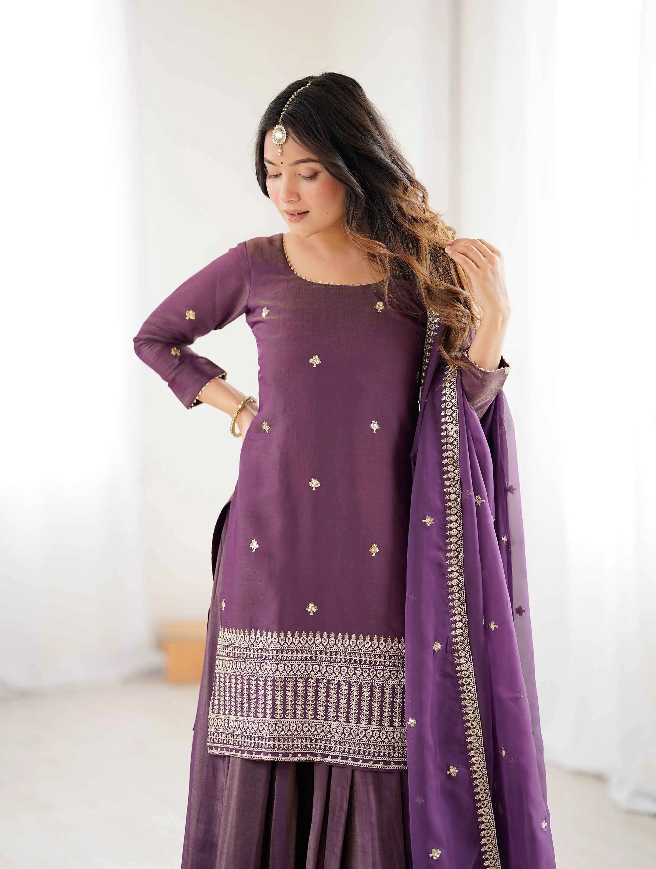 Old Mauve Silk Lehenga & Embroidered Kurta