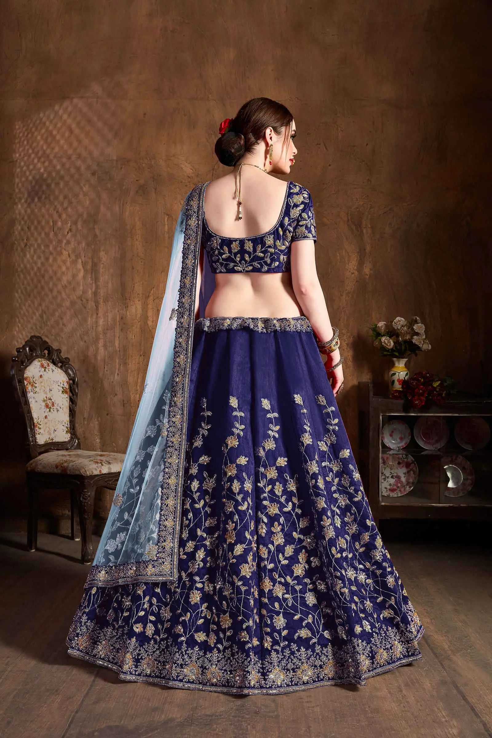 Navy Blue Silk Lehenga With Dori, Badla And Sequins Embroidery Work | Ready To Wear - qivii