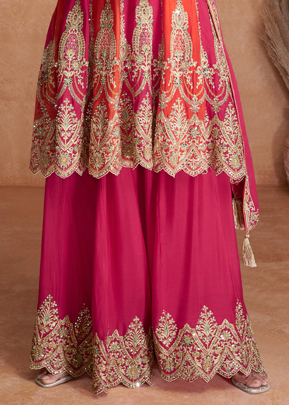 Bright Pink Designer Chinnon Plazzo Suit with Sequins work By Qivii