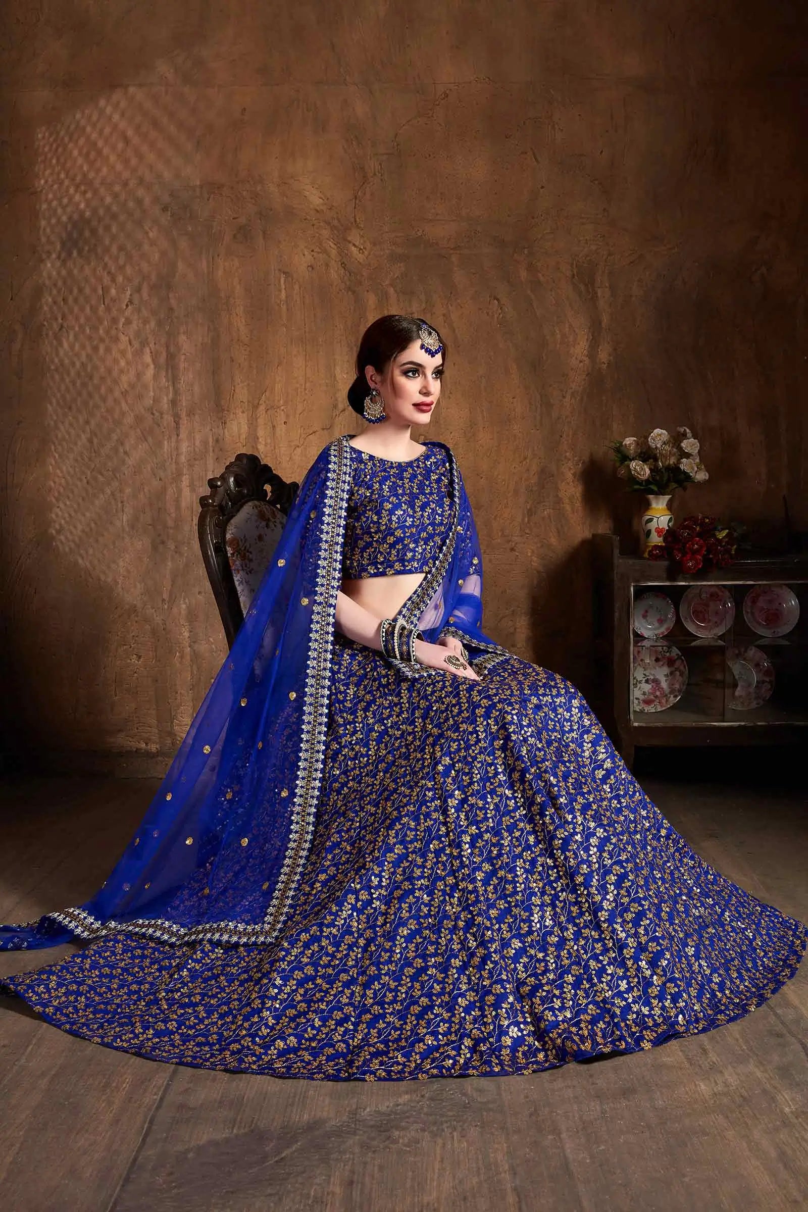 Royal Blue And Golden Silk Lehenga With Zari And Sequins Heavy Embroidery Work | Ready To Wear - qivii