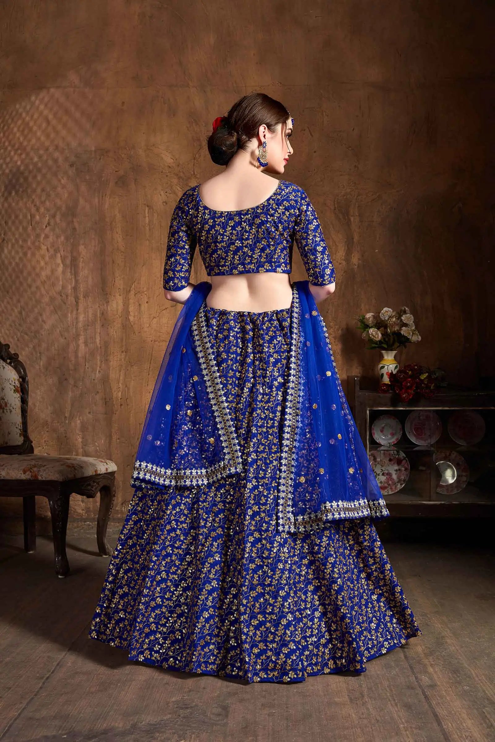 Royal Blue And Golden Silk Lehenga With Zari And Sequins Heavy Embroidery Work | Ready To Wear - qivii