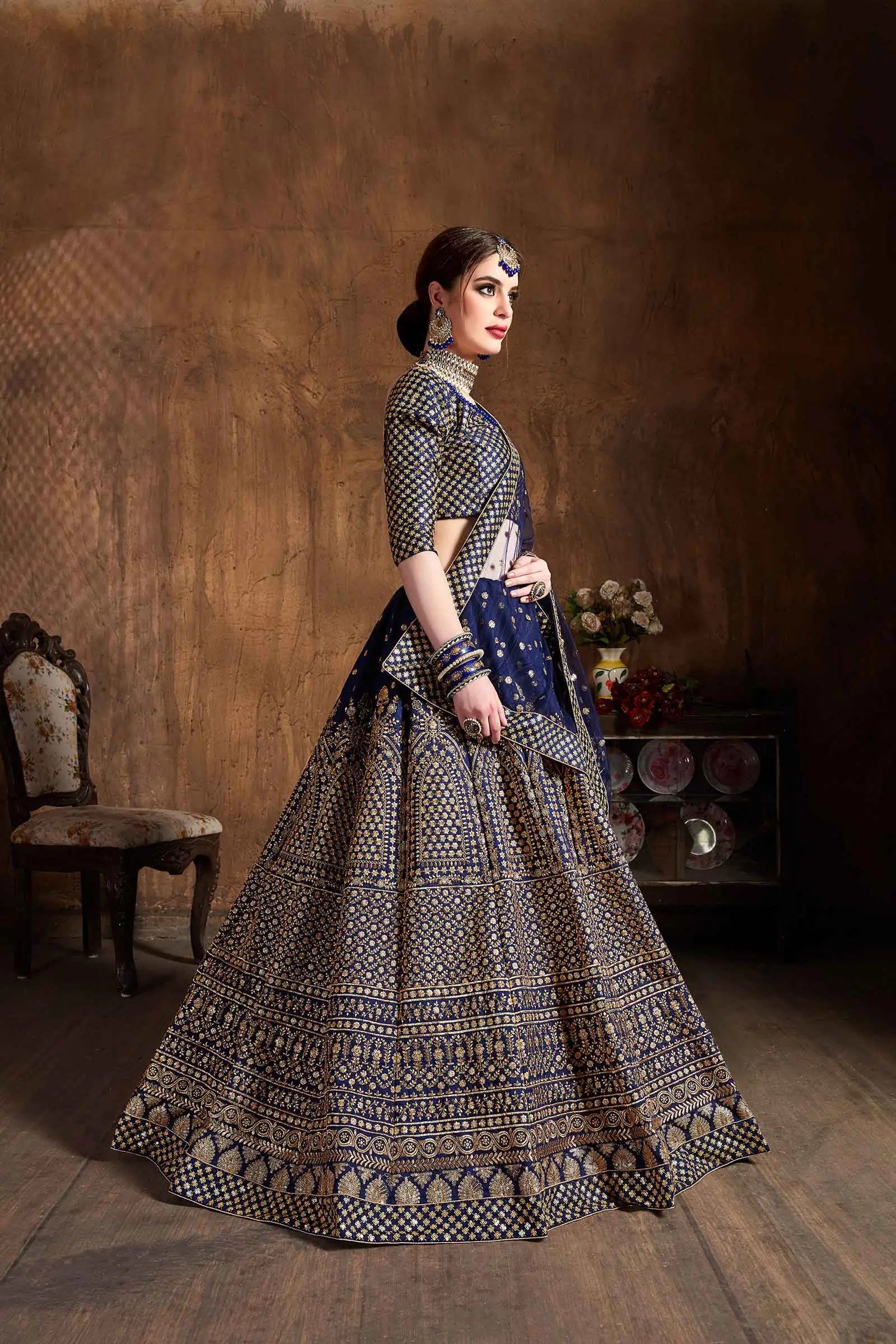 Navy Blue Silk Lehenga With Zari And Glitter Sequins Embroidery Work | Ready To Wear - qivii