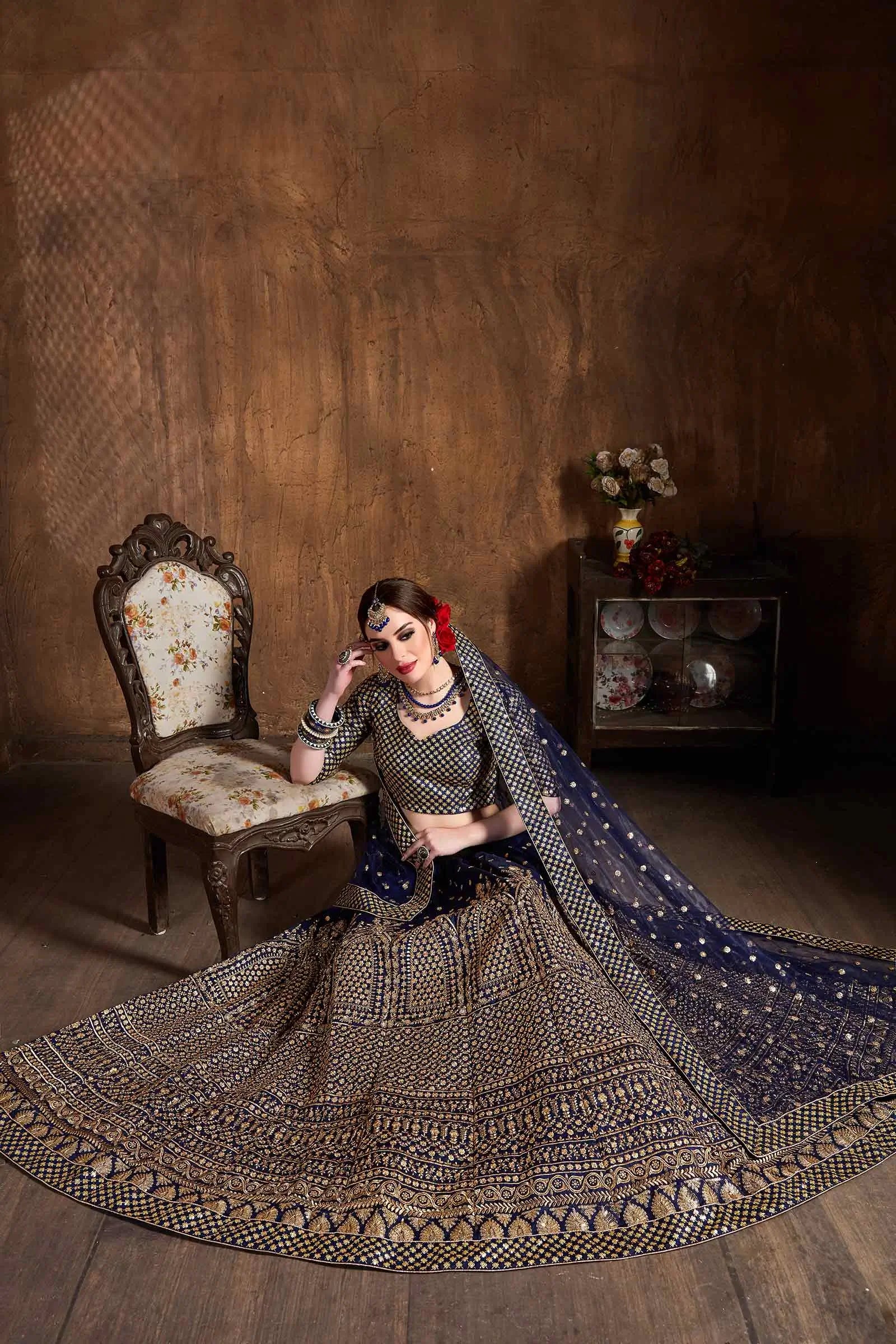 Navy Blue Silk Lehenga With Zari And Glitter Sequins Embroidery Work | Ready To Wear - qivii