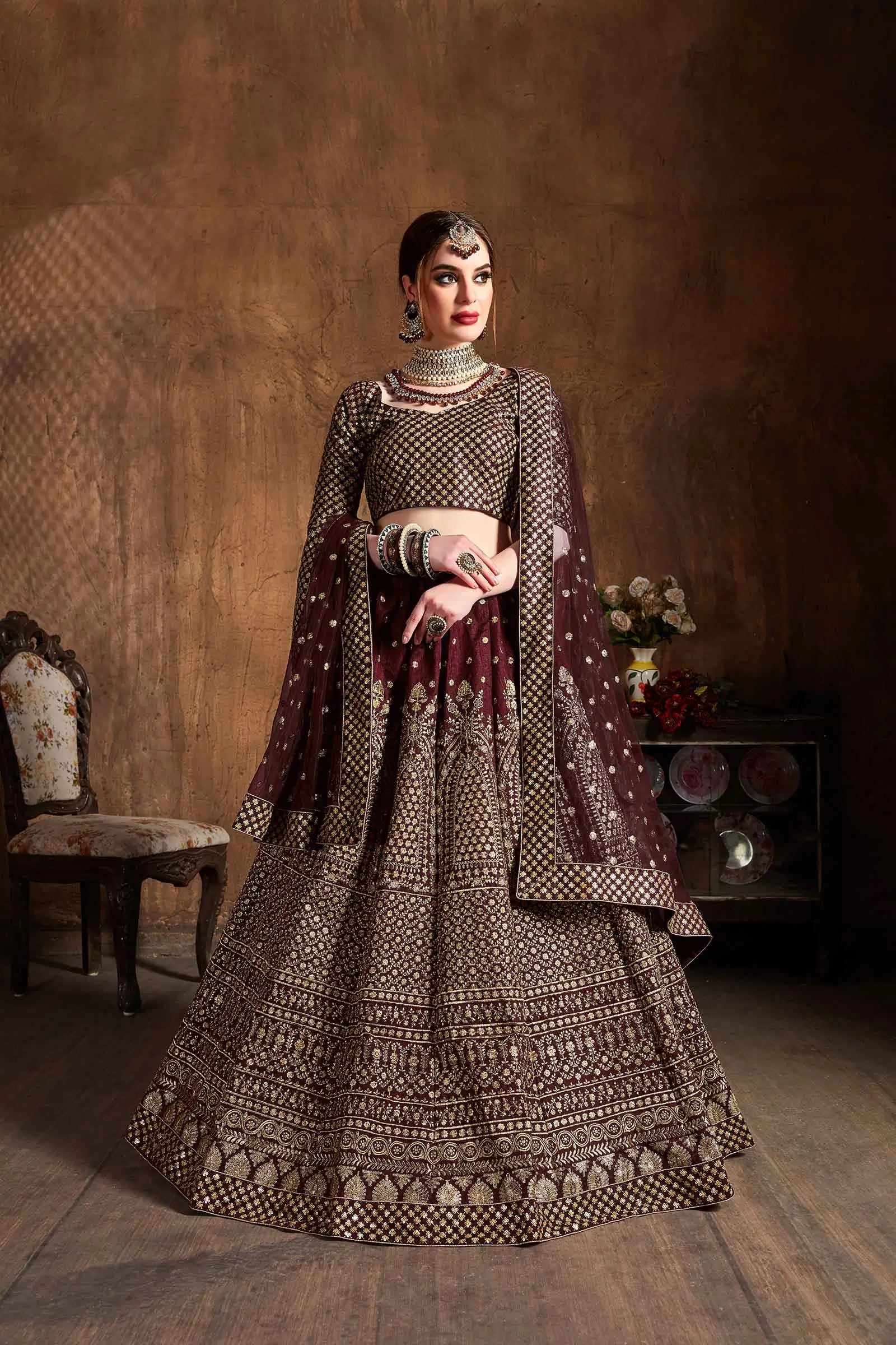 Maroon Red Zari And Glitter Sequins Embroidery Work Silk Lehenga Choli | Ready To Wear - qivii