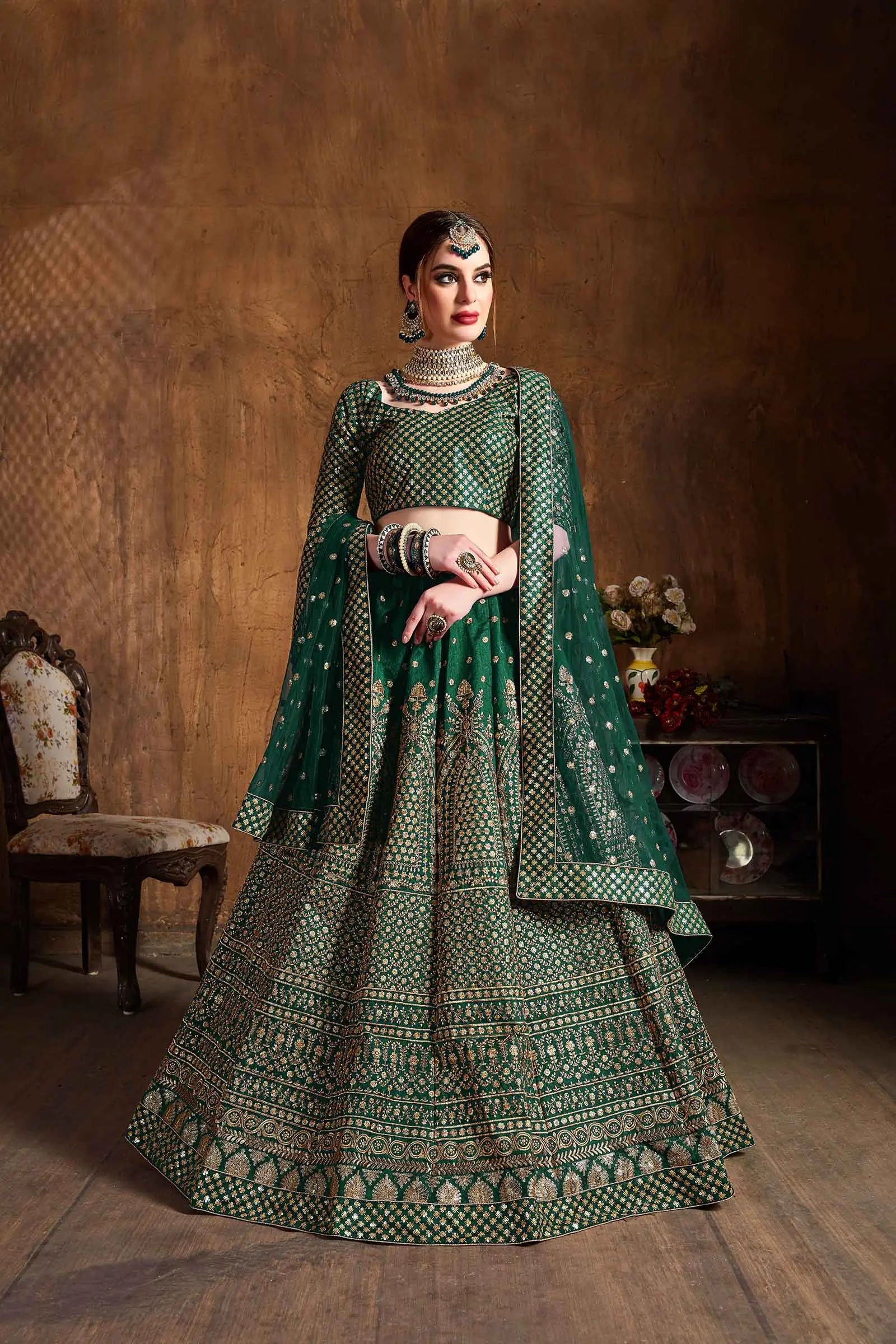 Dark Green Silk Lehenga With Zari And Glitter Sequins Embroidery Work | Ready To Wear - qivii