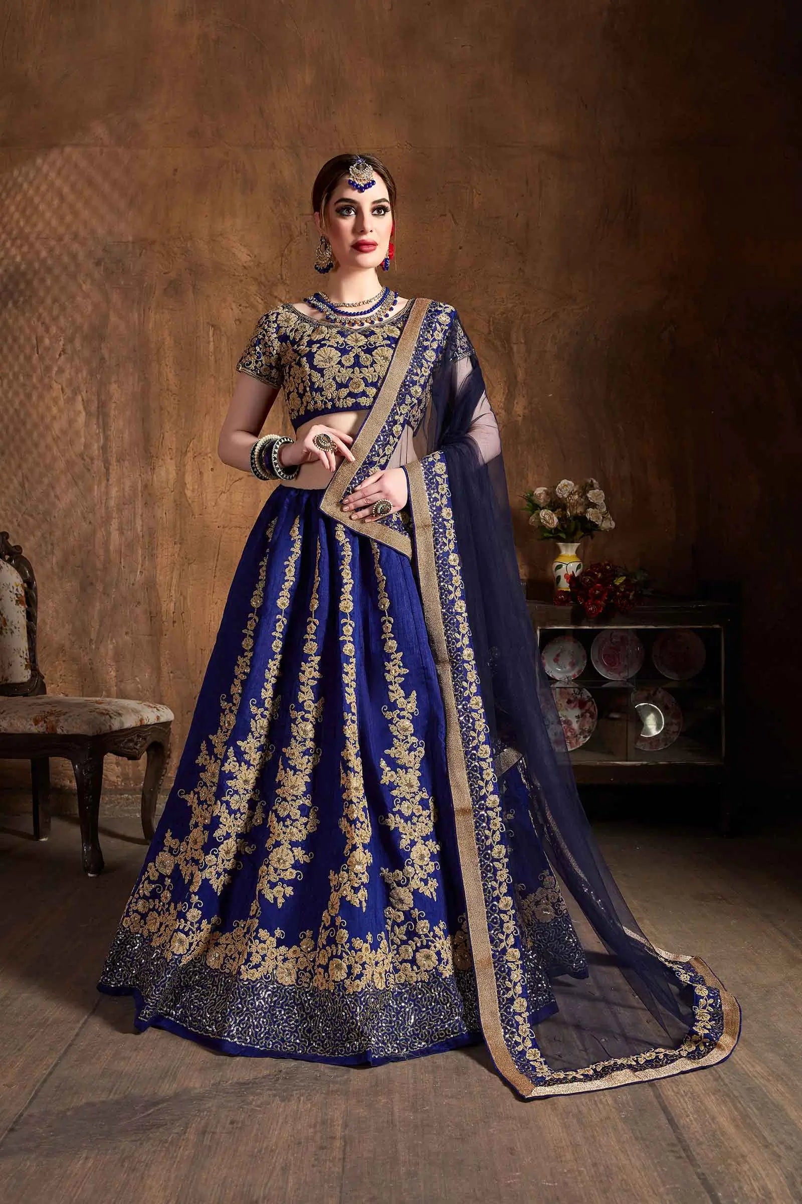 Dark Indigo Silk Lehenga With Zari And Glitter Sequins Embroidery Work | Ready To Wear - qivii