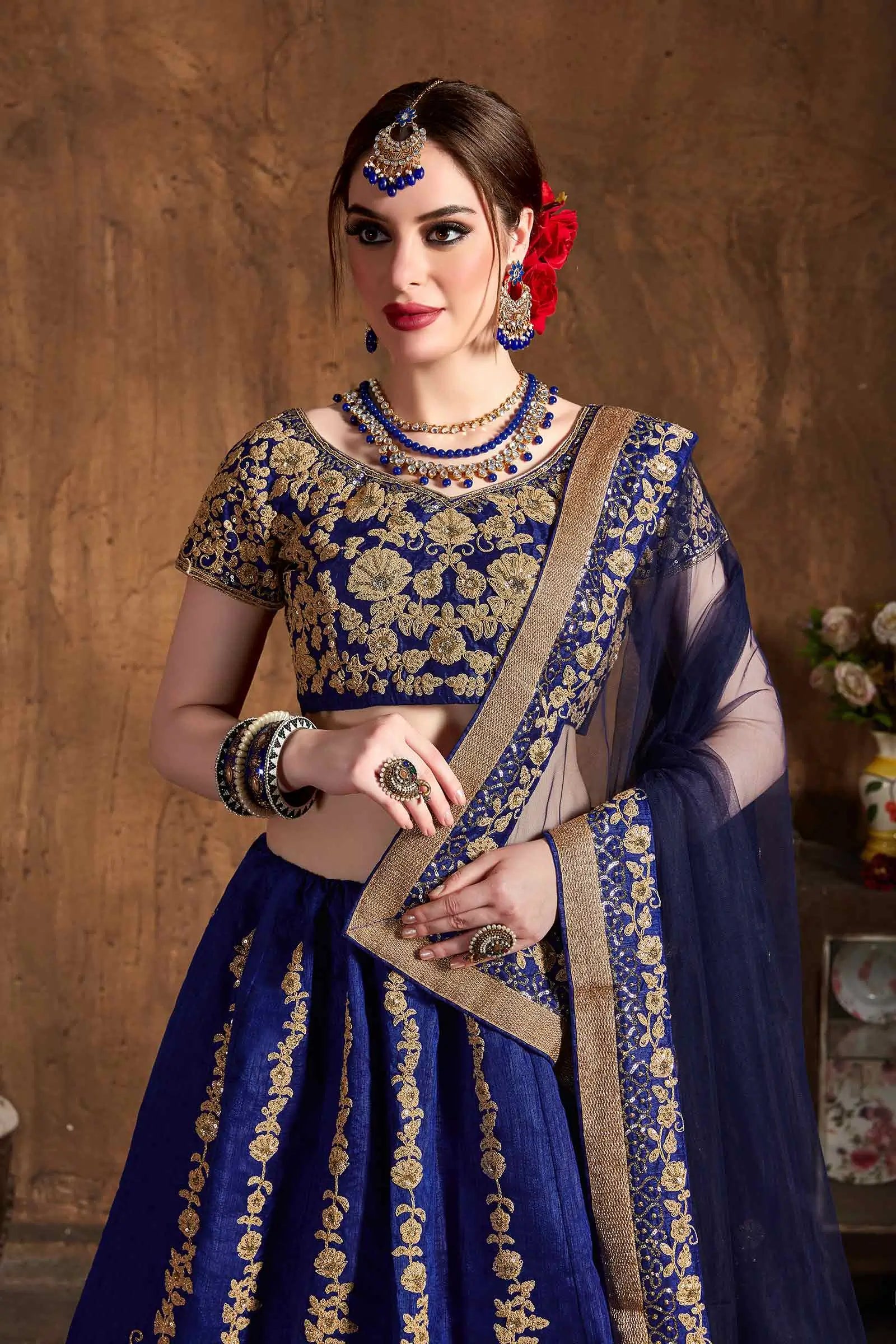 Dark Indigo Silk Lehenga With Zari And Glitter Sequins Embroidery Work | Ready To Wear - qivii