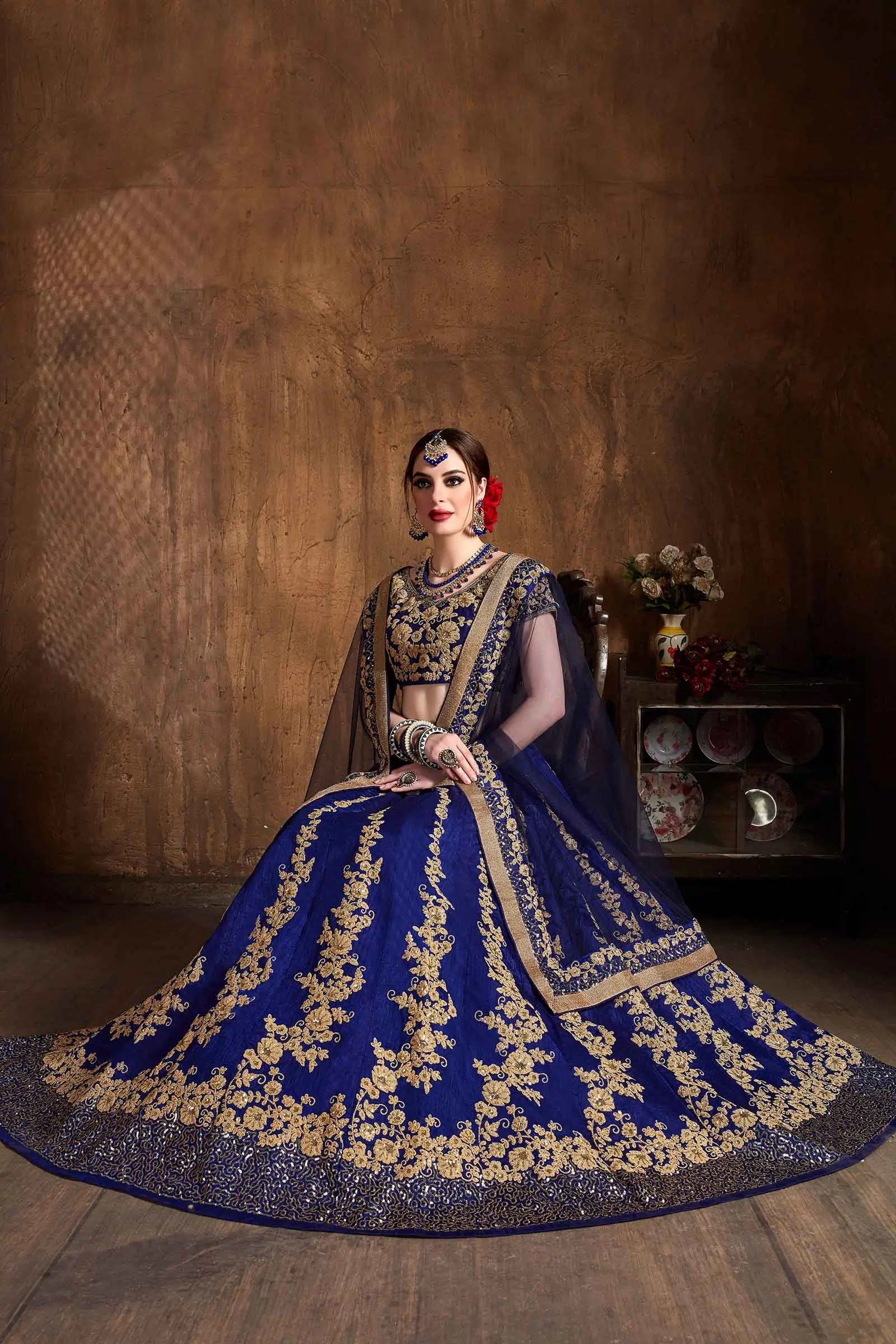 Dark Indigo Silk Lehenga With Zari And Glitter Sequins Embroidery Work | Ready To Wear - qivii