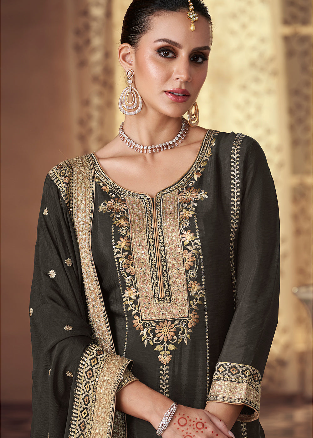 Charcoal Black Embroidered Georgette Plazzo Suit By Qivii