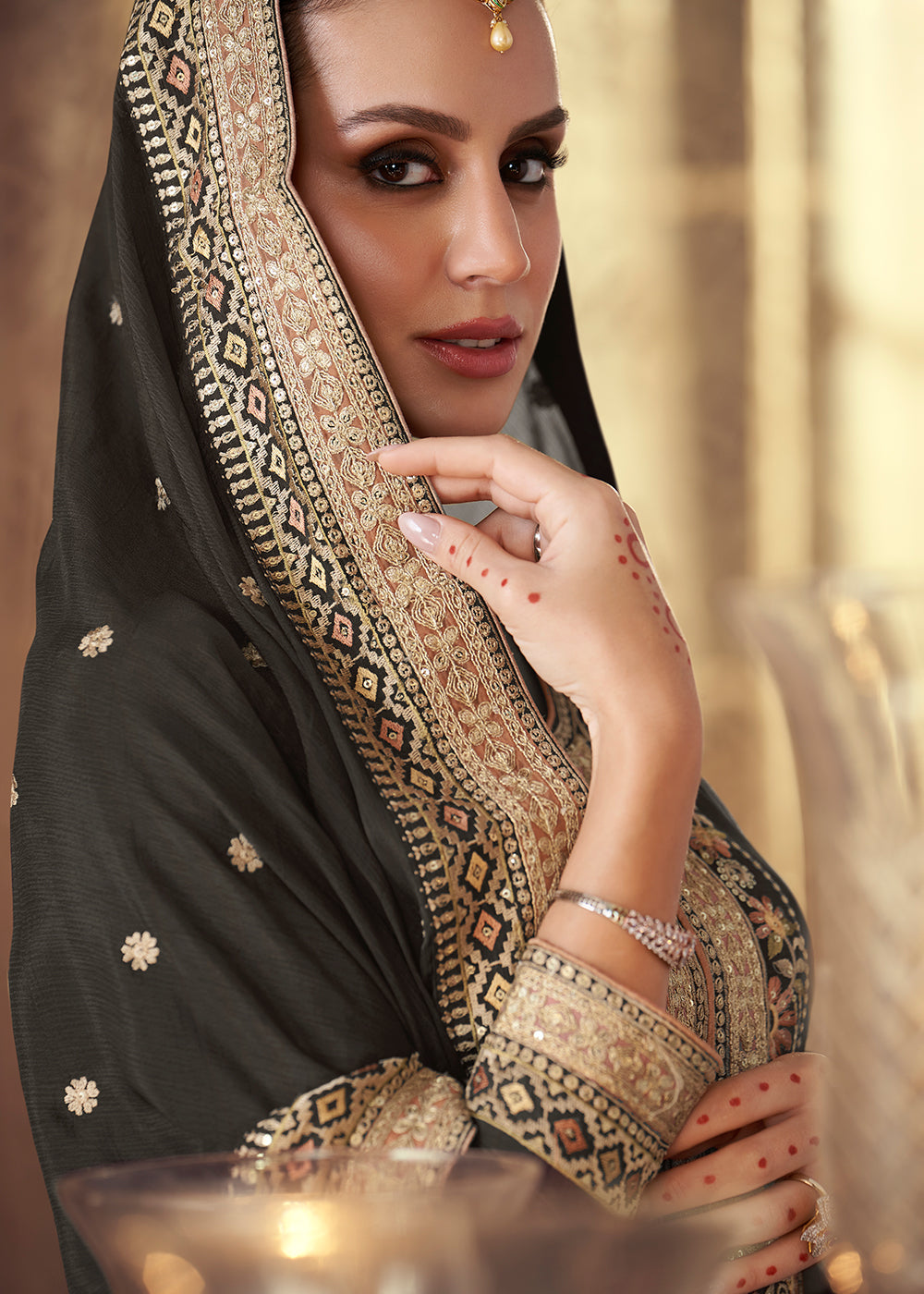 Charcoal Black Embroidered Georgette Plazzo Suit By Qivii