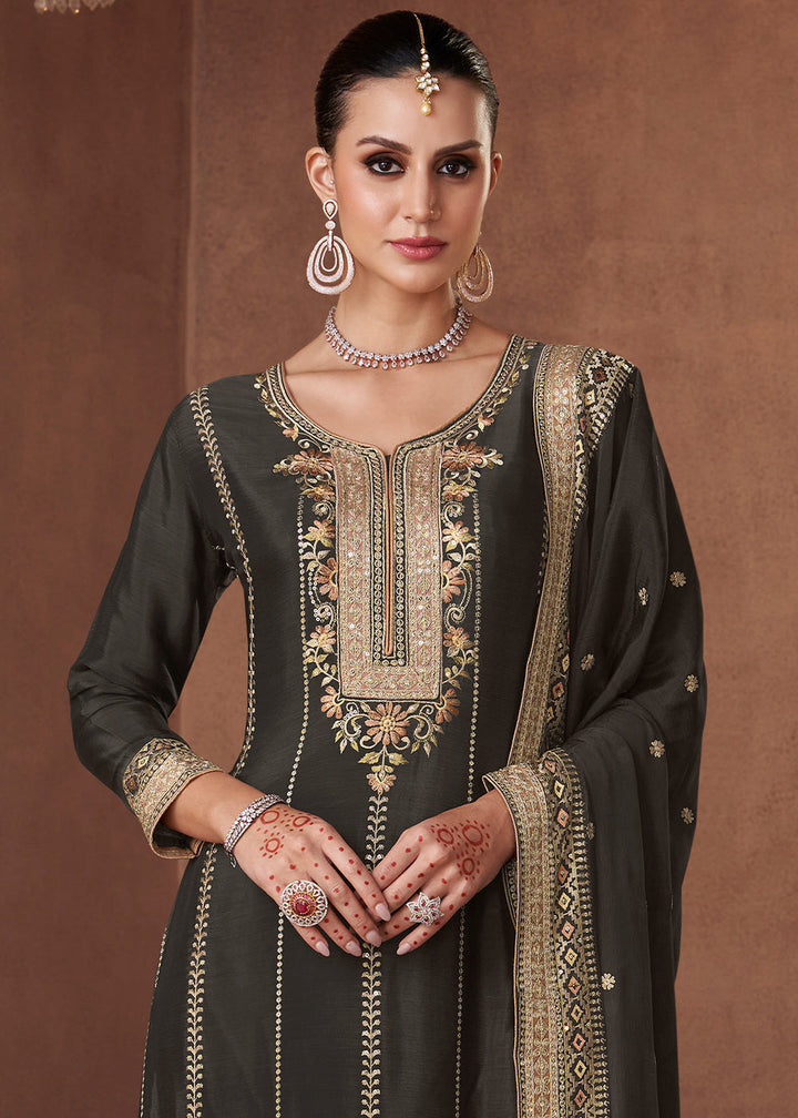 Charcoal Black Embroidered Georgette Plazzo Suit By Qivii