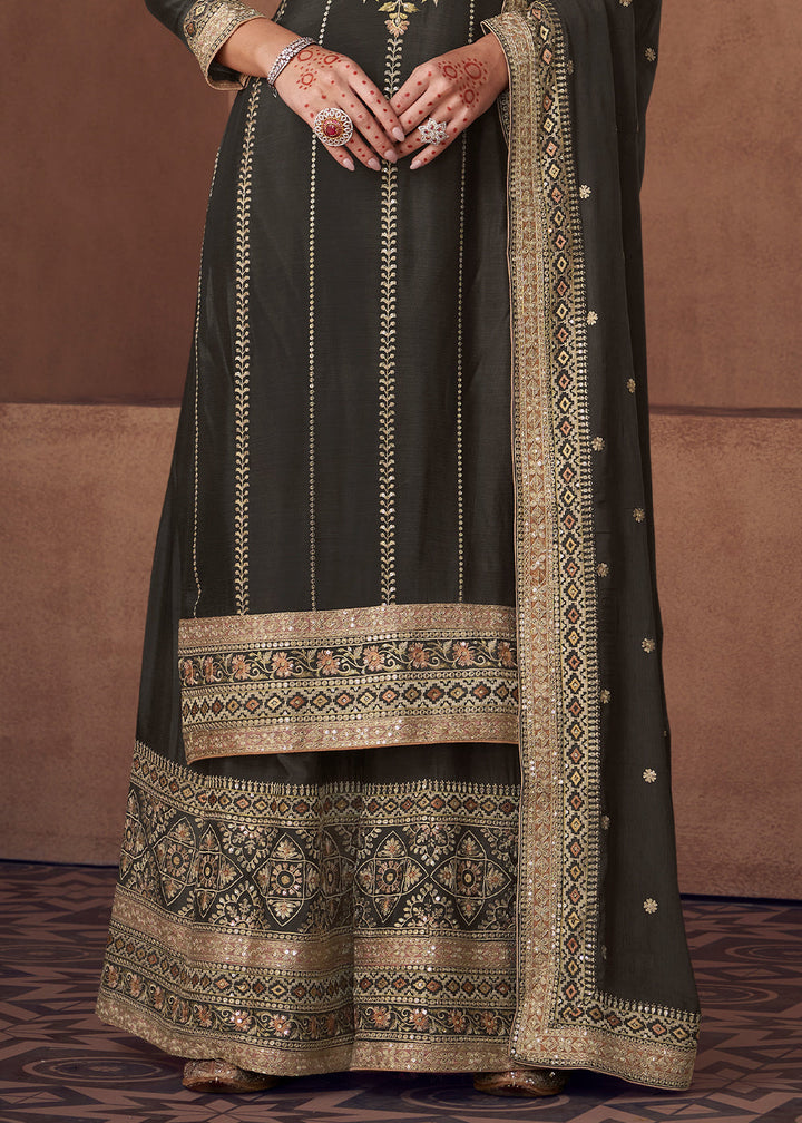 Charcoal Black Embroidered Georgette Plazzo Suit By Qivii