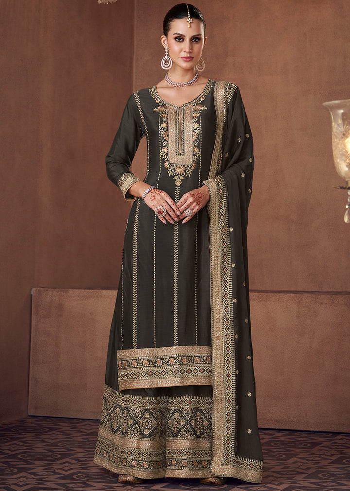 Charcoal Black Embroidered Georgette Plazzo Suit By Qivii