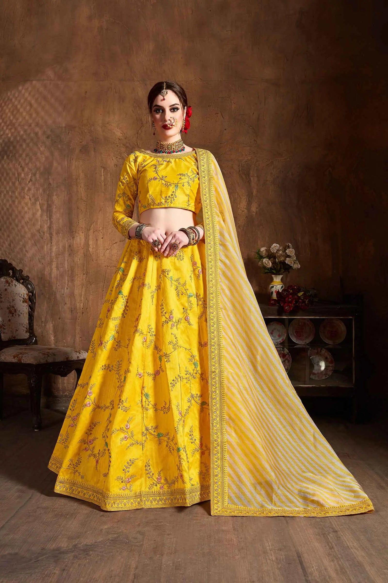 Yellow Silk Lehenga With Thread Zari Dori And Sequins Embroidery Work | Ready To Wear - qivii